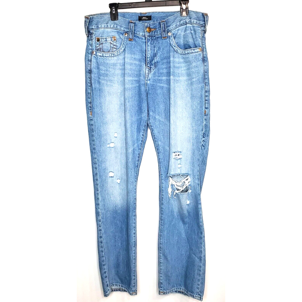 True Religion Brand Mens Jeans Ricky Relaxed Straight Leg SZ 34 Blue Distressed